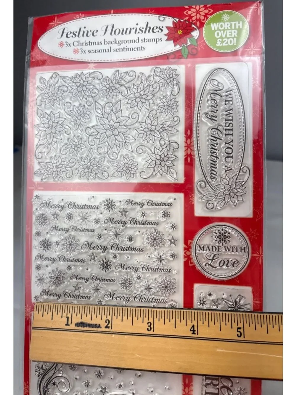 Festive Flourishes 3X Christmas Clear Cling Stamps Merry Sentiments & Patterns